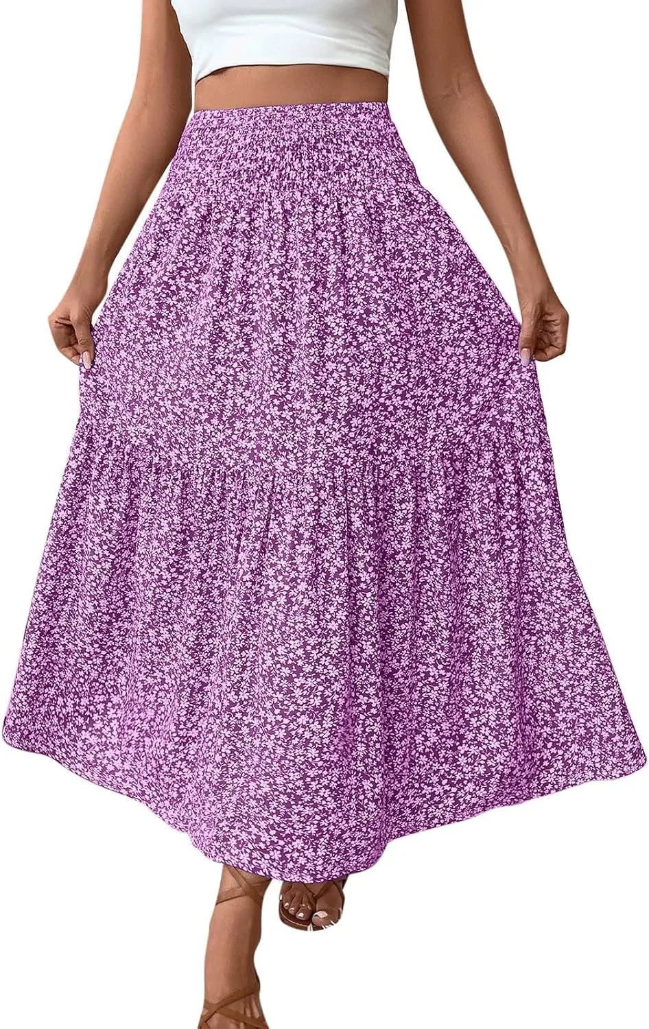 Oplxuo Women's Summer Boho Maxi Skirt Floral Print A-Line Flowy Tiered Smocked Elastic High Waist Beach Long Skirts