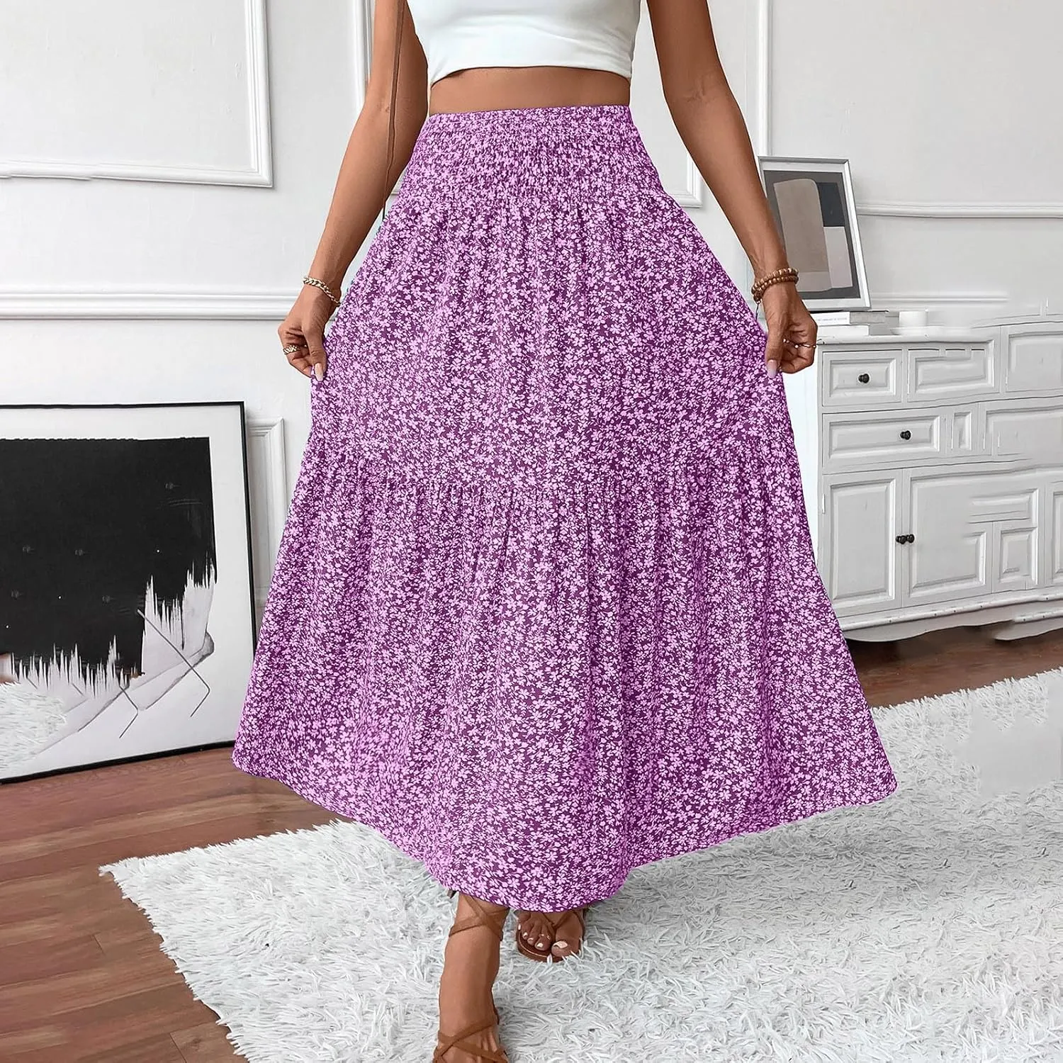 Oplxuo Women's Summer Boho Maxi Skirt Floral Print A-Line Flowy Tiered Smocked Elastic High Waist Beach Long Skirts