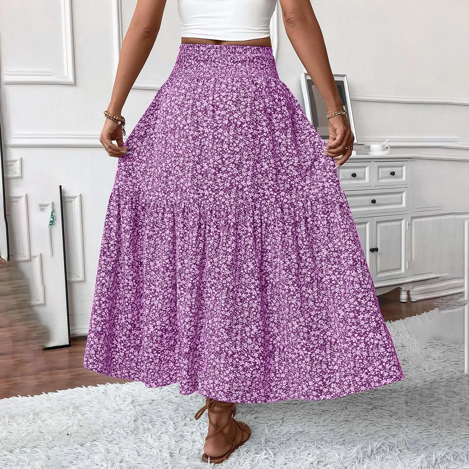 Oplxuo Women's Summer Boho Maxi Skirt Floral Print A-Line Flowy Tiered Smocked Elastic High Waist Beach Long Skirts