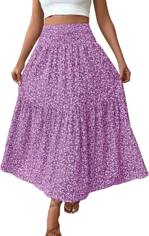 Oplxuo Women's Summer Boho Maxi Skirt Floral Print A-Line Flowy Tiered Smocked Elastic High Waist Beach Long Skirts