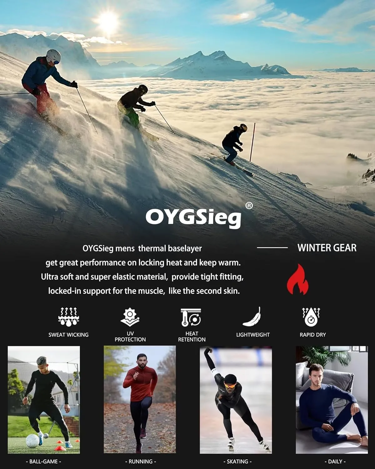 OYGSieg 3 or 2 Set Men's Thermal Underwear Long Johns with Fleece Lined, Thermals for Men Base Layer Cold Weather Top Bottom