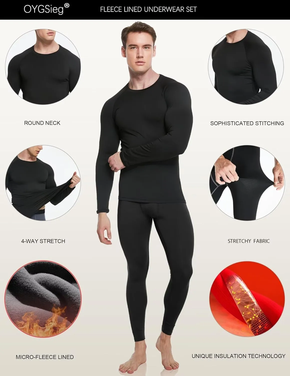 OYGSieg 3 or 2 Set Men's Thermal Underwear Long Johns with Fleece Lined, Thermals for Men Base Layer Cold Weather Top Bottom