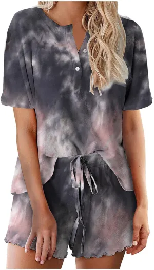 Pajama Set for Women 2 Piece Lounge Set Henley Neck Short Sleeve Tops and Shorts Soft Sleepwear Lounge Outfits