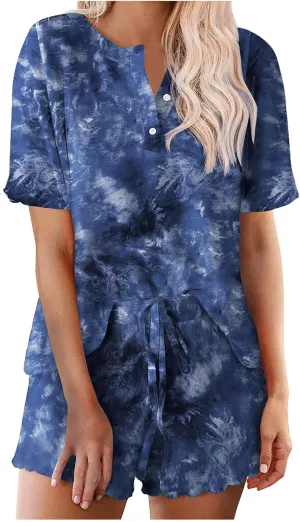 Pajama Set for Women 2 Piece Lounge Set Henley Neck Short Sleeve Tops and Shorts Soft Sleepwear Lounge Outfits