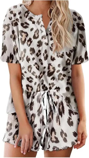 Pajama Set for Women 2 Piece Lounge Set Henley Neck Short Sleeve Tops and Shorts Soft Sleepwear Lounge Outfits