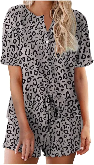 Pajama Set for Women 2 Piece Lounge Set Henley Neck Short Sleeve Tops and Shorts Soft Sleepwear Lounge Outfits