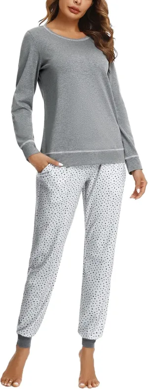 Pajama Sets for Women Cotton Sleepwear Pj Set Long Sleeve Top&Star Print Pants with Pockets