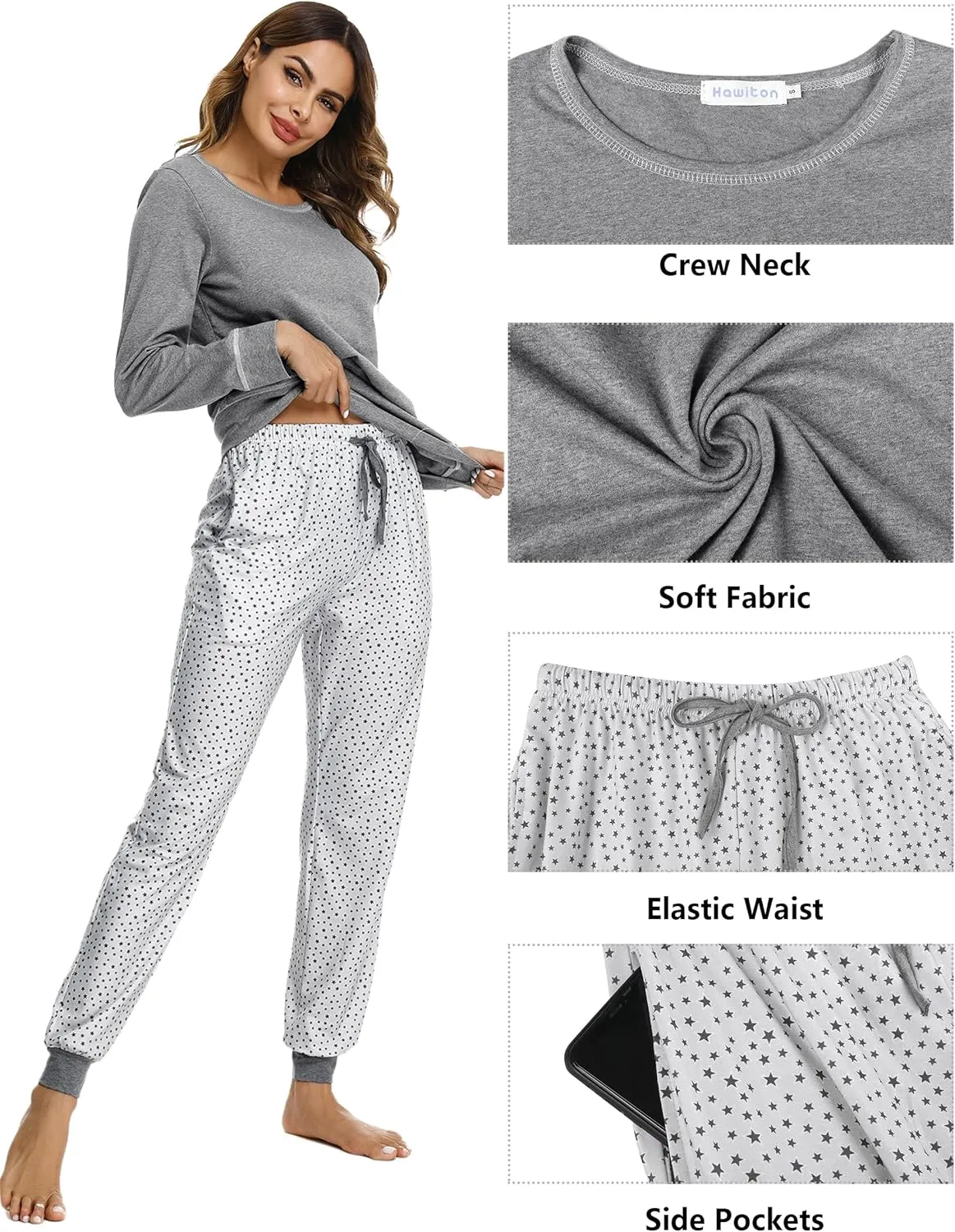 Pajama Sets for Women Cotton Sleepwear Pj Set Long Sleeve Top&Star Print Pants with Pockets