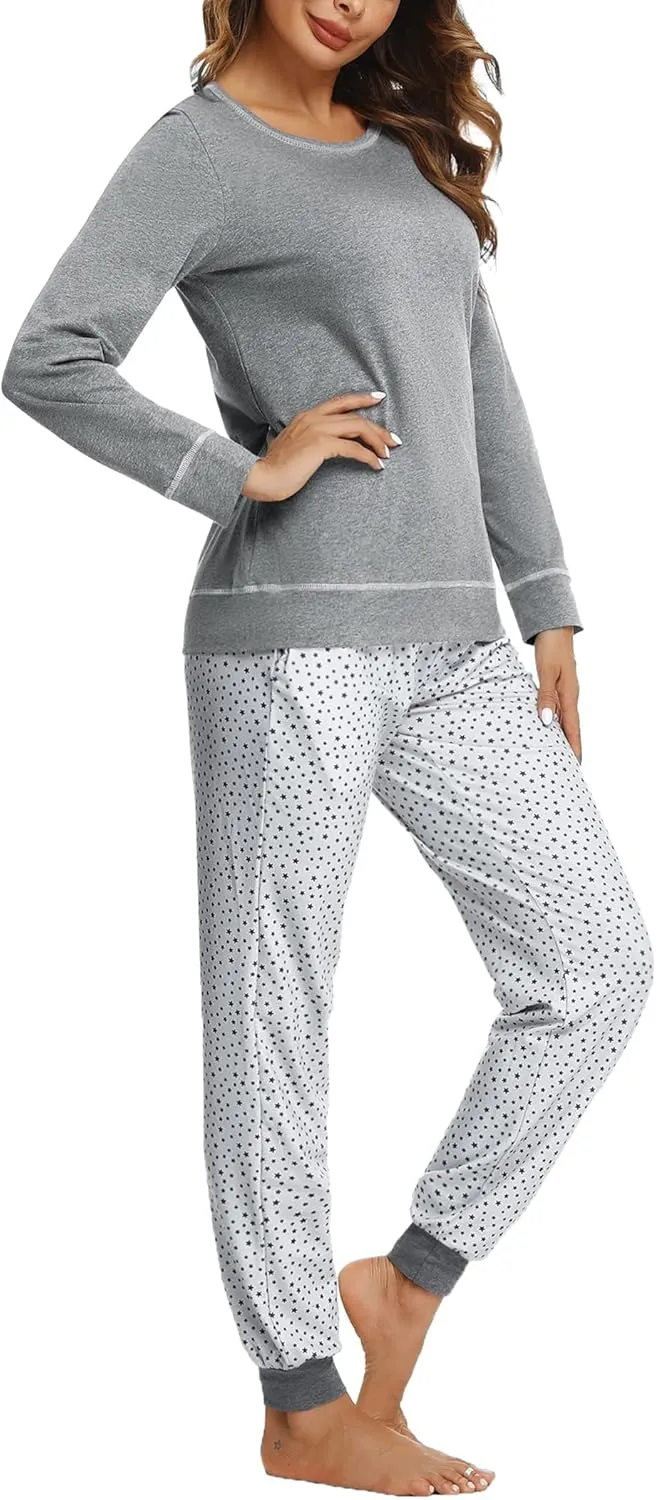 Pajama Sets for Women Cotton Sleepwear Pj Set Long Sleeve Top&Star Print Pants with Pockets