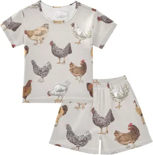 Pajama Sets Short Sleeve Cute Chickens Hen Animals Soft Cotton Summer Sleepwear 2 Piece PJS Size 5-14T