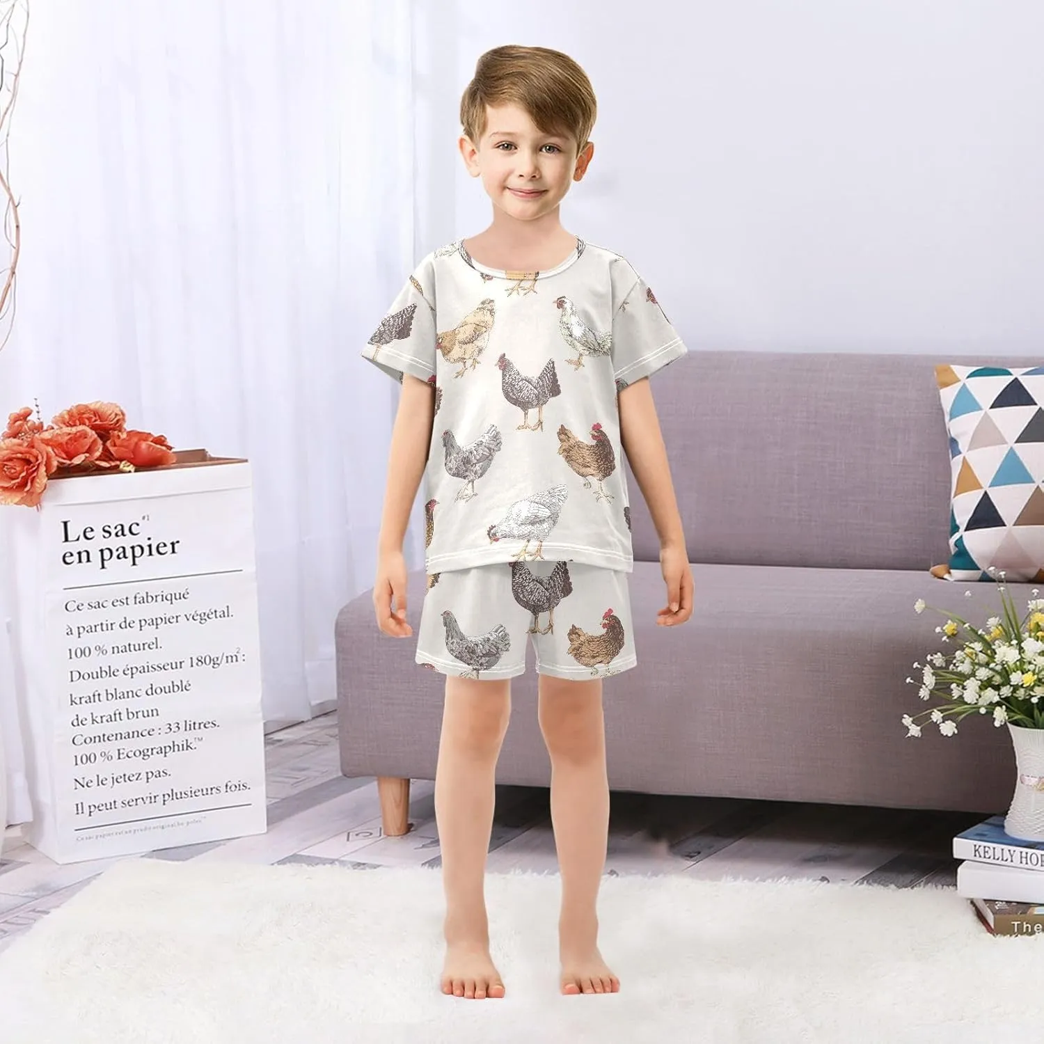 Pajama Sets Short Sleeve Cute Chickens Hen Animals Soft Cotton Summer Sleepwear 2 Piece PJS Size 5-14T