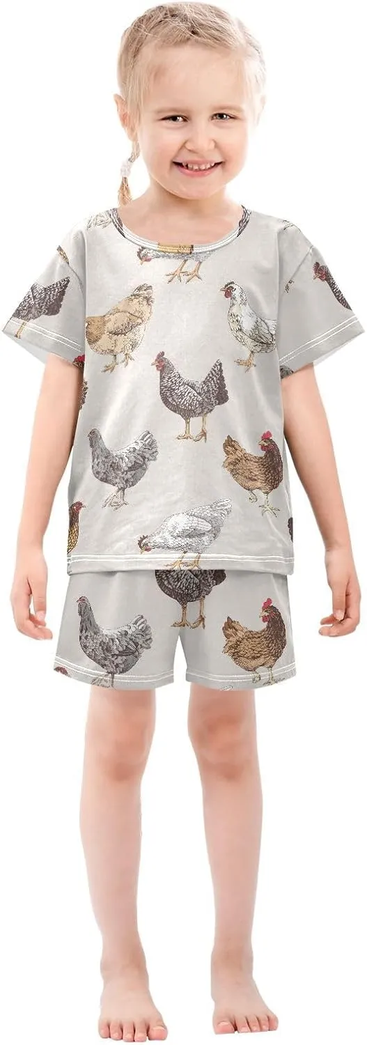 Pajama Sets Short Sleeve Cute Chickens Hen Animals Soft Cotton Summer Sleepwear 2 Piece PJS Size 5-14T