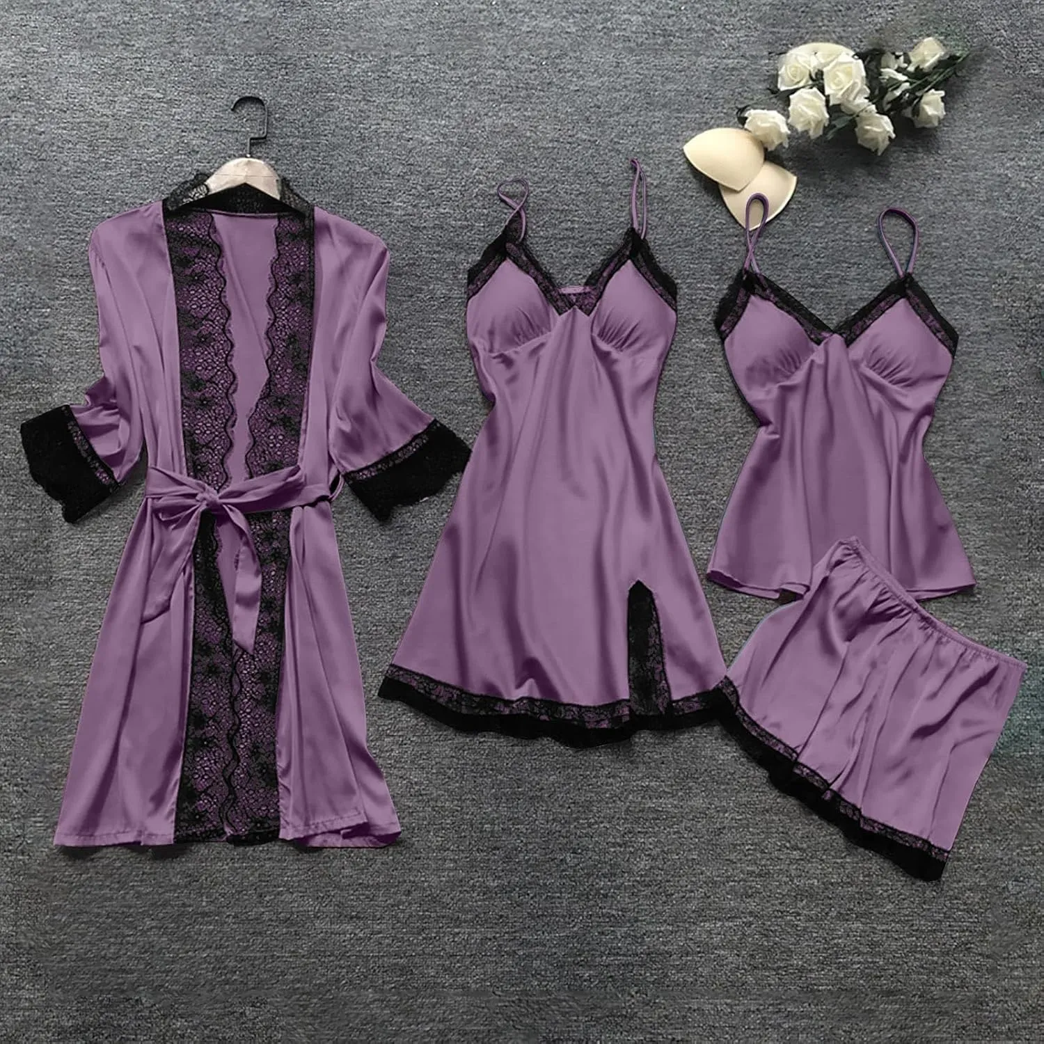 Pajamas for Women Silk Pajama Set 4pcs Robe Lingerie Satin Sleepwear Nightdress Lace Nightgown Sexy Set