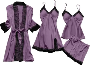 Pajamas for Women Silk Pajama Set 4pcs Robe Lingerie Satin Sleepwear Nightdress Lace Nightgown Sexy Set