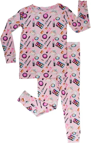 Pink Bamboo Pajamas 2-Piece Lounge Set, Sustainable Pajamas, Long Sleeve, Washable, Cute Jumper Design.