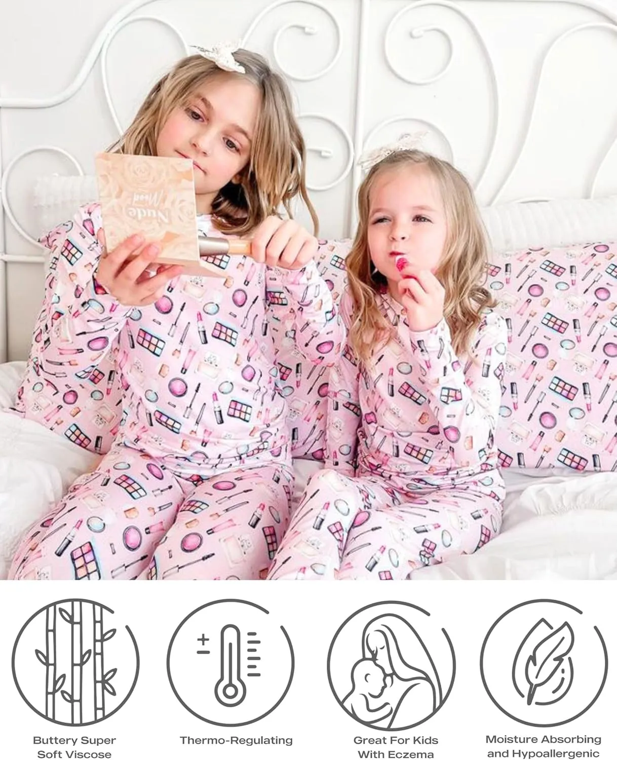 Pink Bamboo Pajamas 2-Piece Lounge Set, Sustainable Pajamas, Long Sleeve, Washable, Cute Jumper Design.