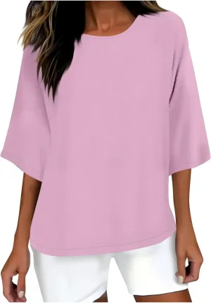 Plus Size Drop Shoulder Tunic Tops Women Cotton Linen Basic Crewneck T Shirts Summer Casual Loose Fit Beach Vacation Blouses