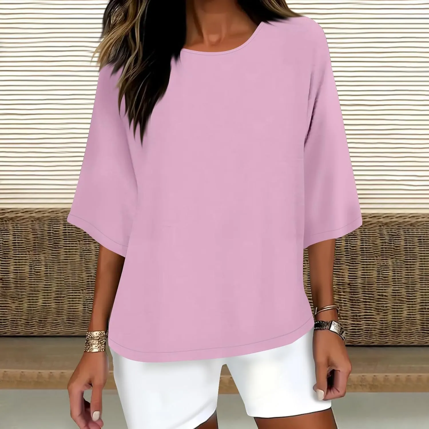 Plus Size Drop Shoulder Tunic Tops Women Cotton Linen Basic Crewneck T Shirts Summer Casual Loose Fit Beach Vacation Blouses