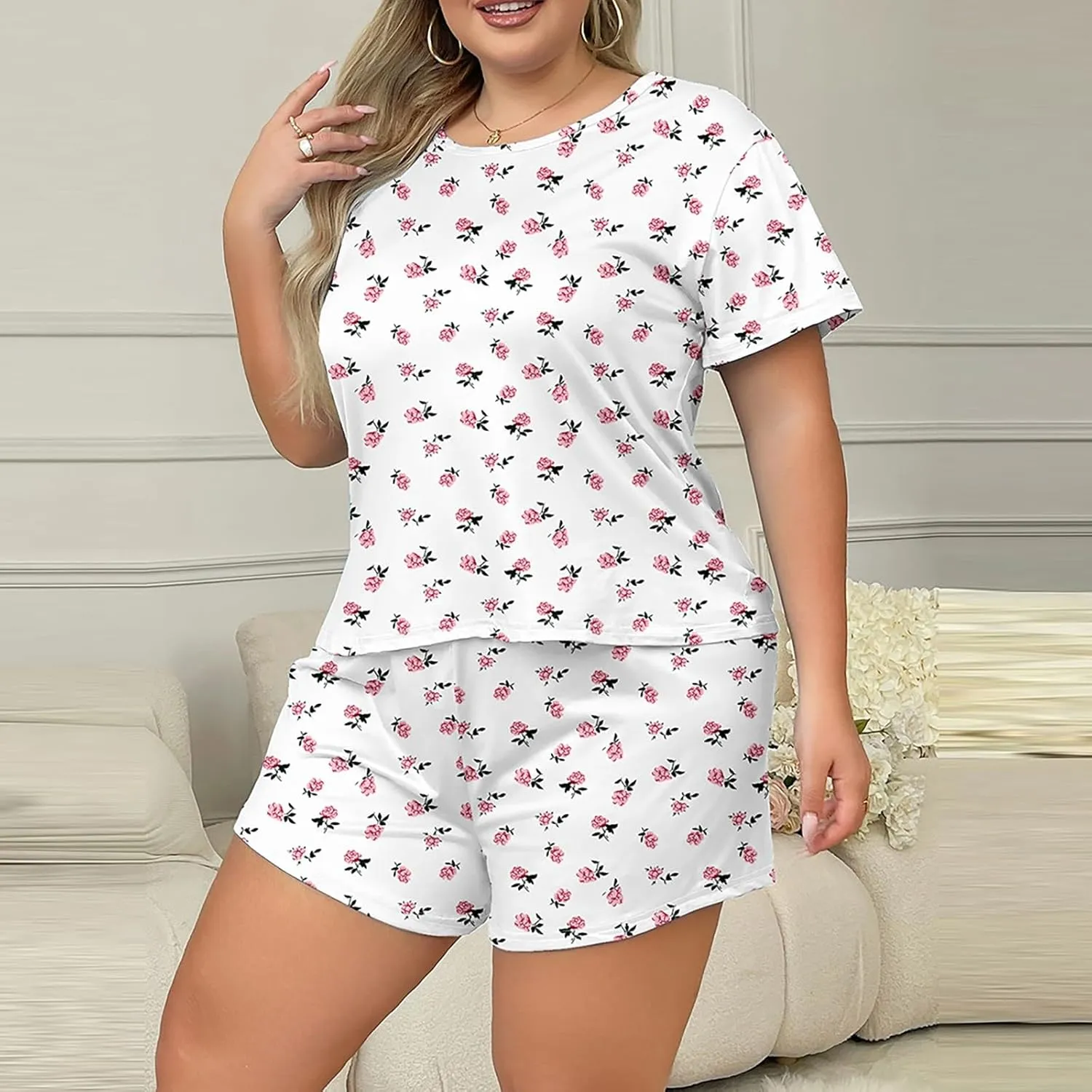 Plus Size Pajamas Womens Floral Graphic Crewneck Tshirts Shorts Sets Summer Short Sleeve Lounge Sleepwear Pjs Sets