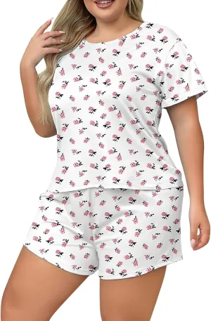 Plus Size Pajamas Womens Floral Graphic Crewneck Tshirts Shorts Sets Summer Short Sleeve Lounge Sleepwear Pjs Sets