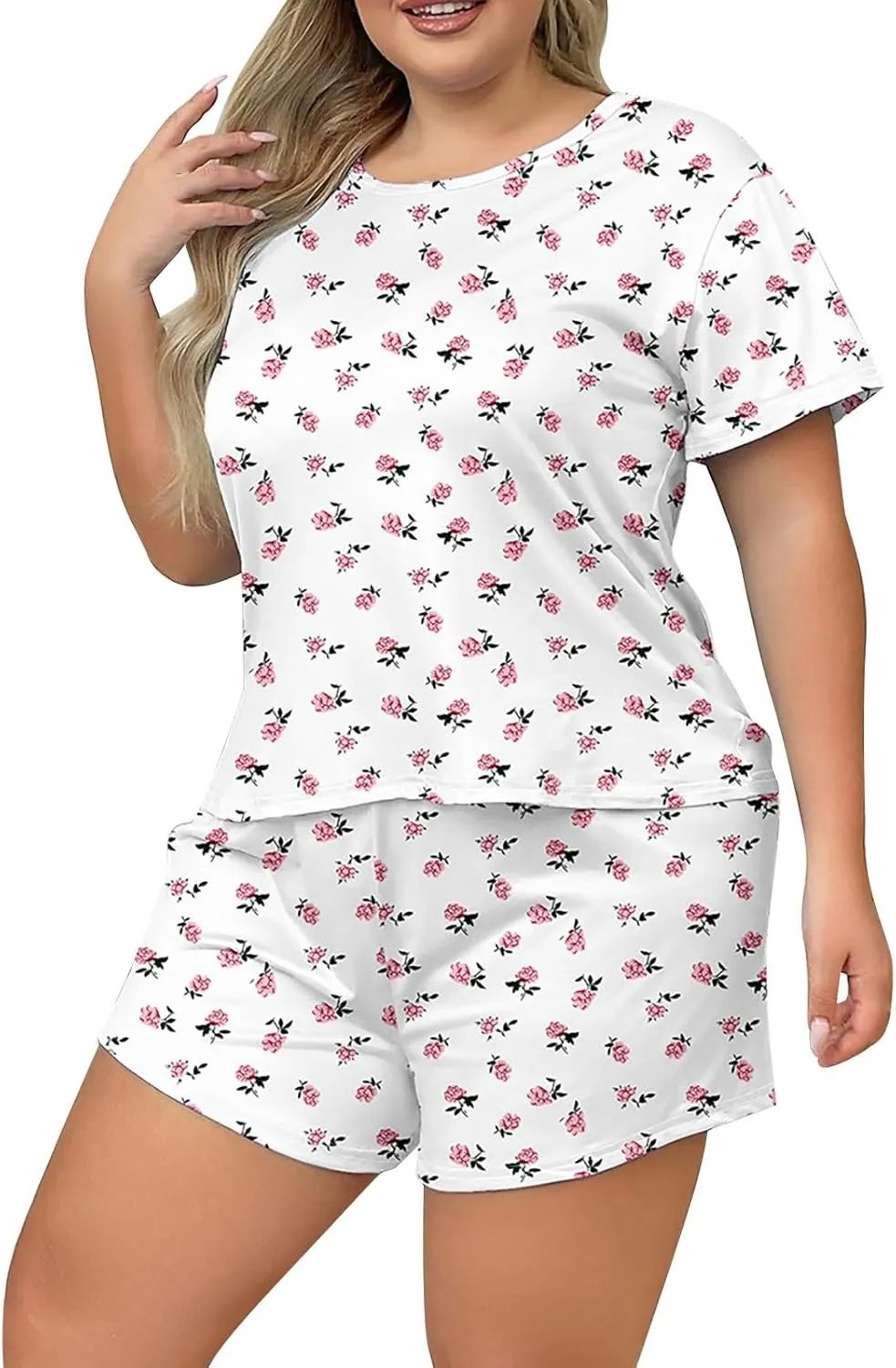 Plus Size Pajamas Womens Floral Graphic Crewneck Tshirts Shorts Sets Summer Short Sleeve Lounge Sleepwear Pjs Sets