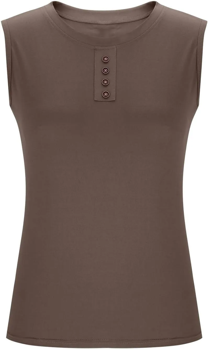 Plus Size Tank Tops for Women Solid Basic Sleeveless Crew Neck Button T-Shirt Casual Loose Fit Yoga Workout Blouse