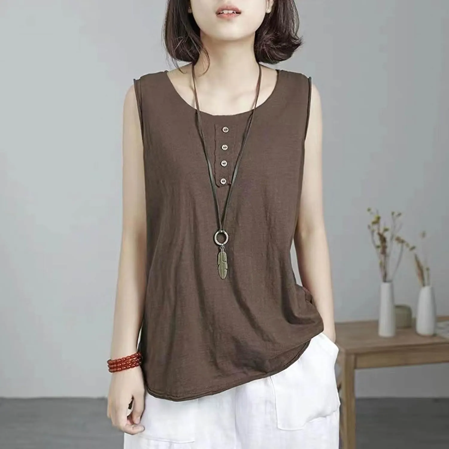 Plus Size Tank Tops for Women Solid Basic Sleeveless Crew Neck Button T-Shirt Casual Loose Fit Yoga Workout Blouse