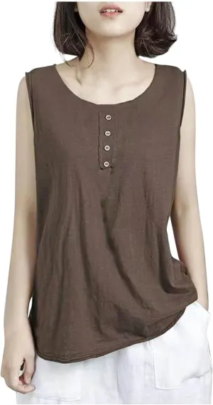 Plus Size Tank Tops for Women Solid Basic Sleeveless Crew Neck Button T-Shirt Casual Loose Fit Yoga Workout Blouse
