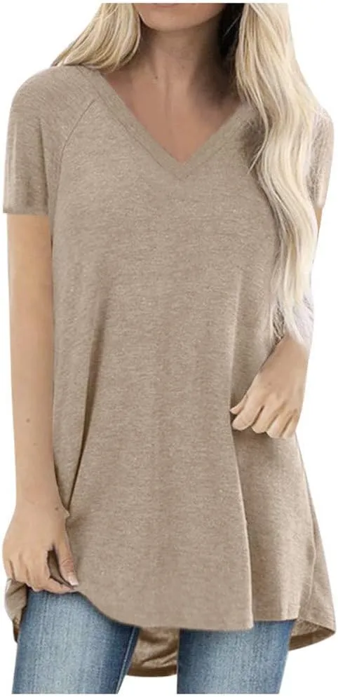 Plus Size Tunic Tops for Women Long Flowy Shirts for Leggings Short Sleeve V Neck/Crewneck Tees Blouse