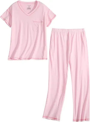 PNAEONG Pajamas for Women Set 2 Piece Soft Cotton Sleepwear Short Sleeve Top Long Pants Loungewear V Neck Lounge Pjs