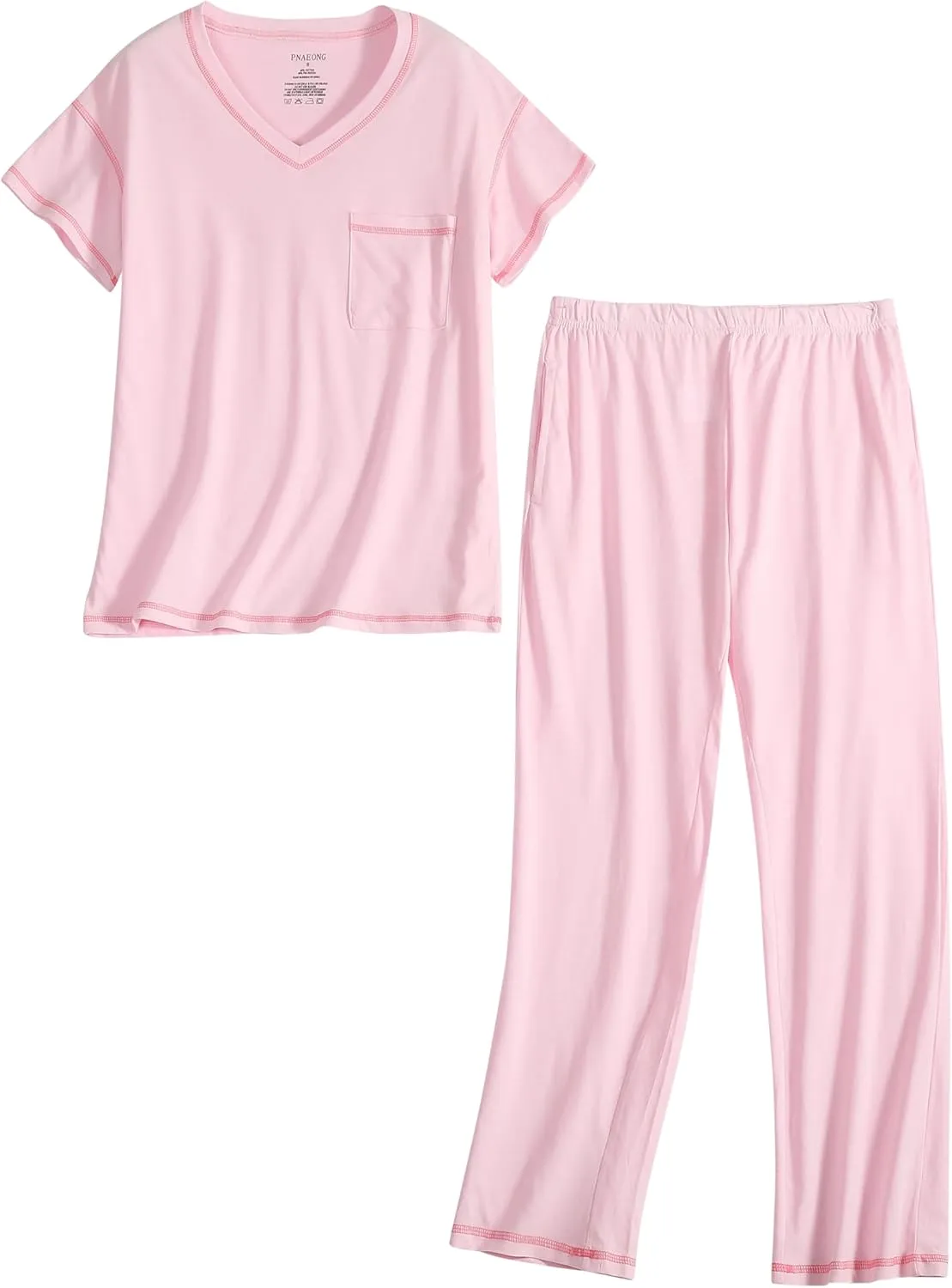 PNAEONG Pajamas for Women Set 2 Piece Soft Cotton Sleepwear Short Sleeve Top Long Pants Loungewear V Neck Lounge Pjs