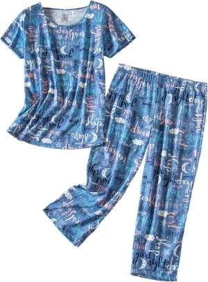 PNAEONG Women’s Pajama Set - Sleepwear Tops with Capri Pants Casual and Fun Prints Pajama Sets SY215-Purple-XL