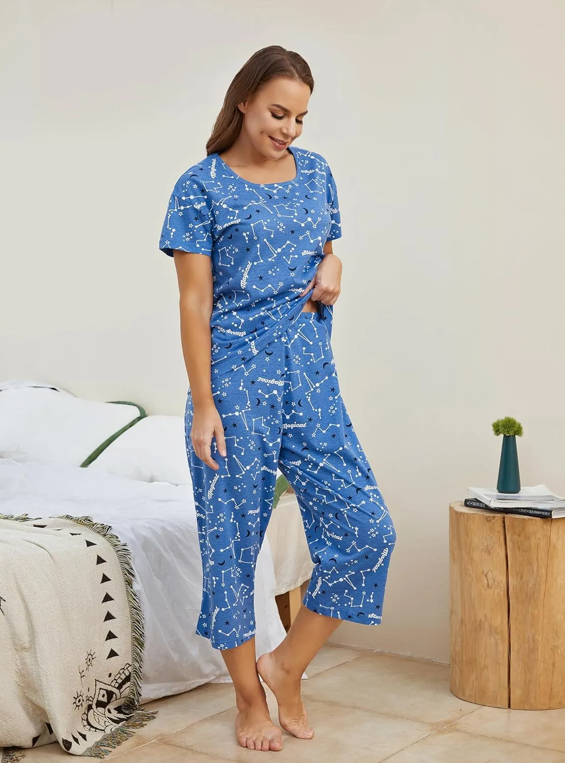 PNAEONG Women’s Pajama Set - Sleepwear Tops with Capri Pants Casual and Fun Prints Pajama Sets SY215-Purple-XL