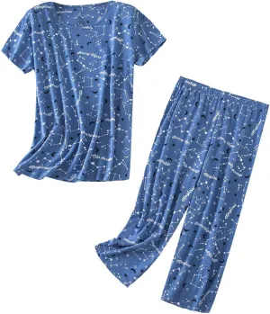 PNAEONG Women’s Pajama Set - Sleepwear Tops with Capri Pants Casual and Fun Prints Pajama Sets SY215-Purple-XL