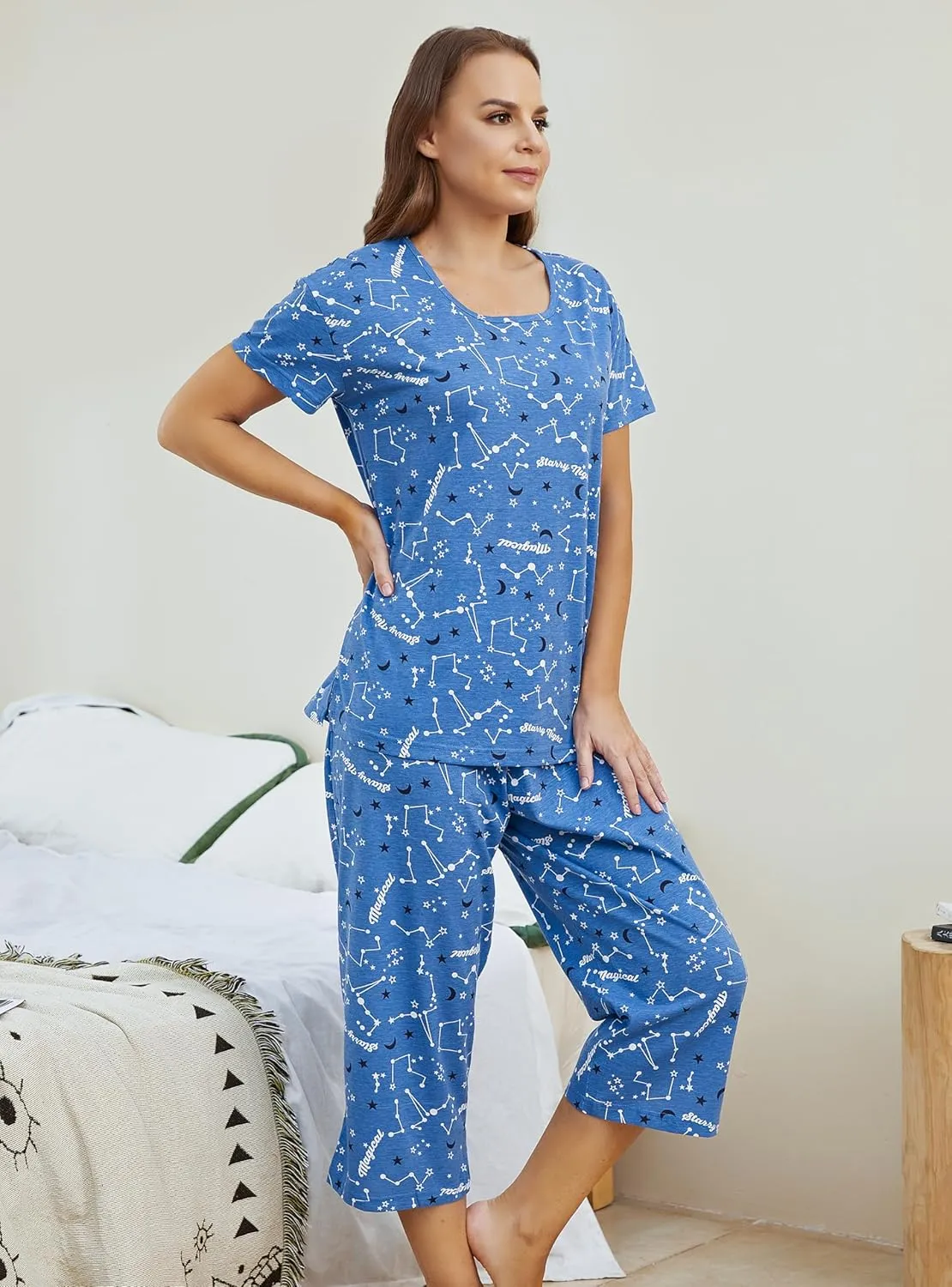 PNAEONG Women’s Pajama Set - Sleepwear Tops with Capri Pants Casual and Fun Prints Pajama Sets SY215-Purple-XL