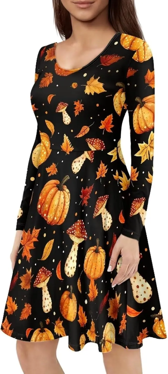 POLERO Mushroom Dresses for Women Midi Dresses with Long Sleeve Mushrooms Casual Dresses