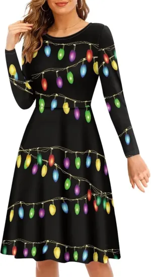 POLERO Mushroom Dresses for Women Midi Dresses with Long Sleeve Mushrooms Casual Dresses
