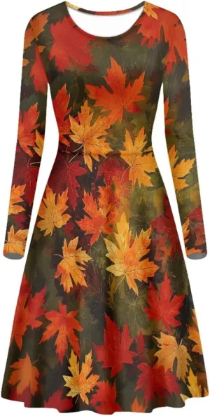 POLERO Mushroom Dresses for Women Midi Dresses with Long Sleeve Mushrooms Casual Dresses