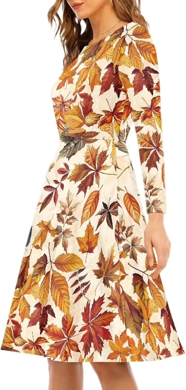 POLERO Mushroom Dresses for Women Midi Dresses with Long Sleeve Mushrooms Casual Dresses