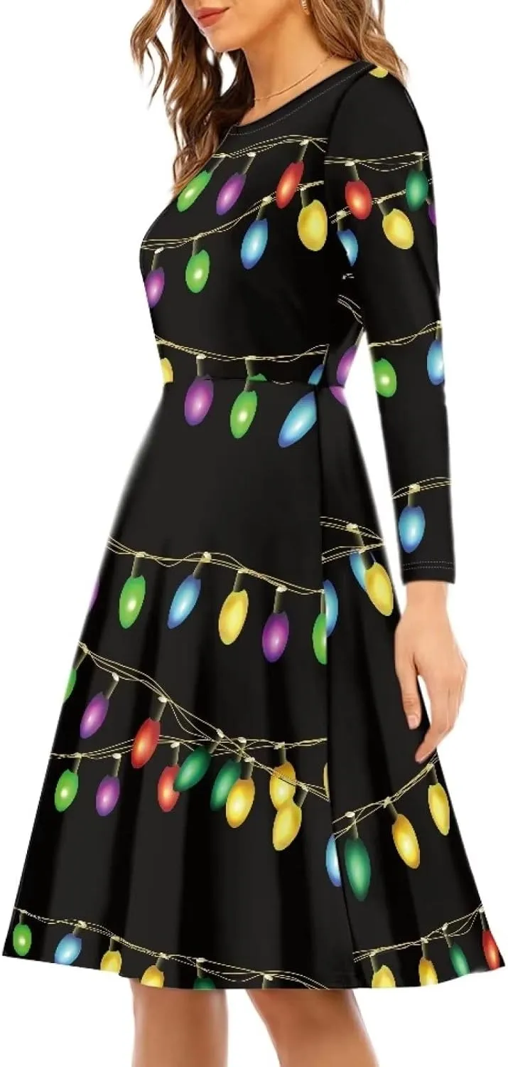 POLERO Mushroom Dresses for Women Midi Dresses with Long Sleeve Mushrooms Casual Dresses