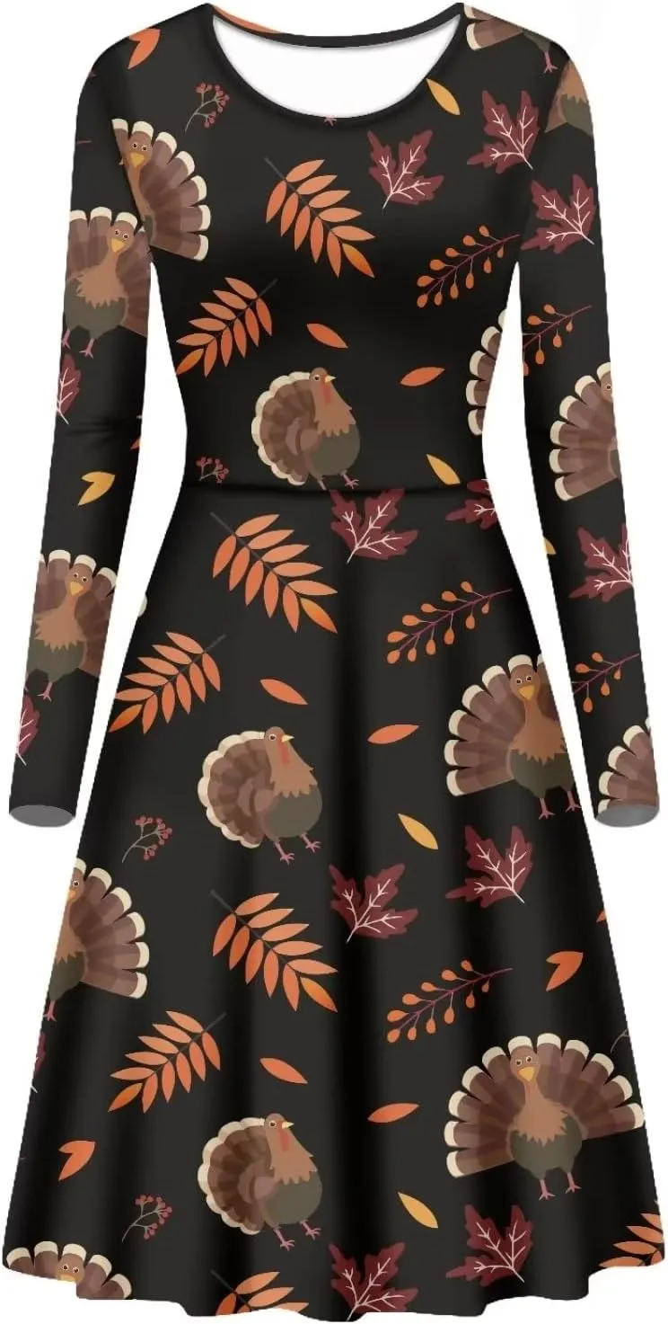 POLERO Mushroom Dresses for Women Midi Dresses with Long Sleeve Mushrooms Casual Dresses