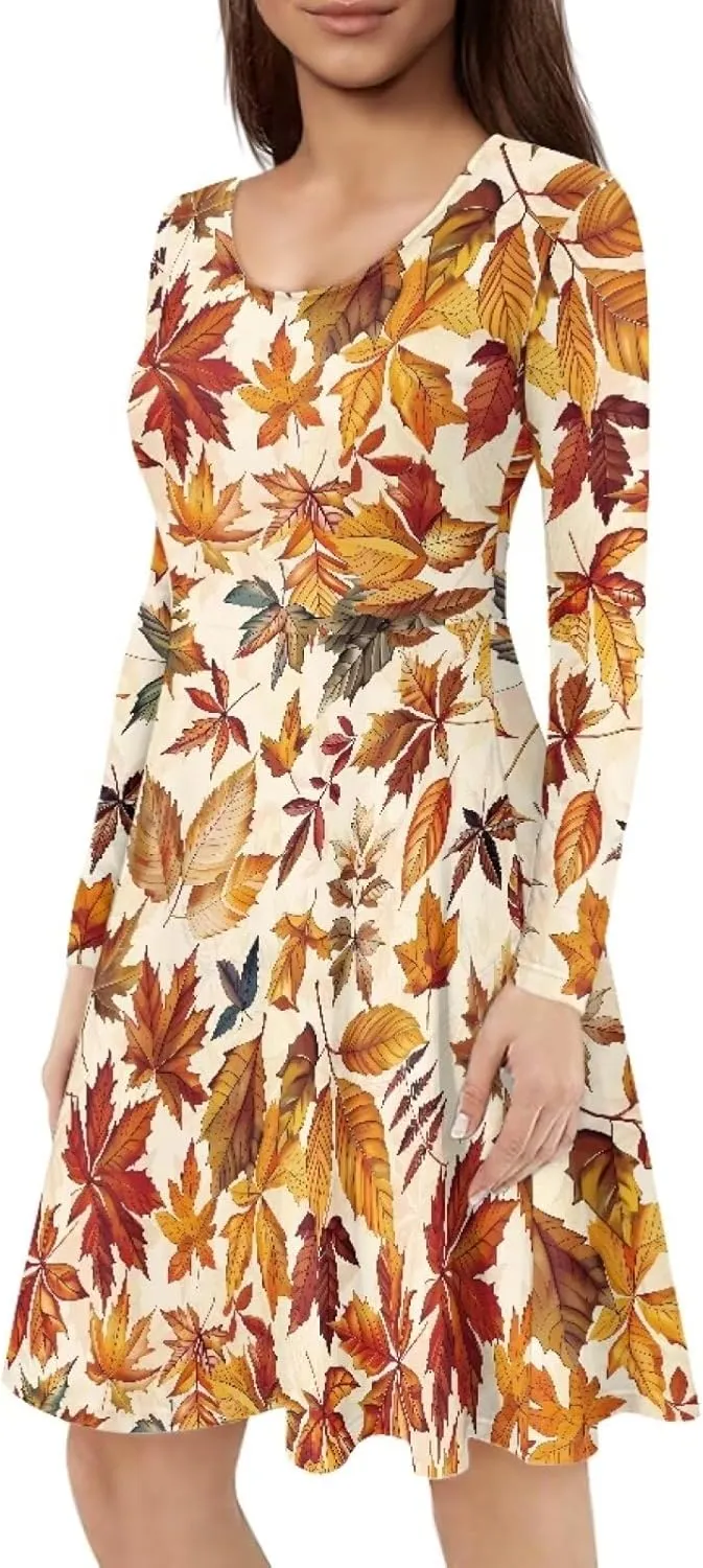 POLERO Mushroom Dresses for Women Midi Dresses with Long Sleeve Mushrooms Casual Dresses