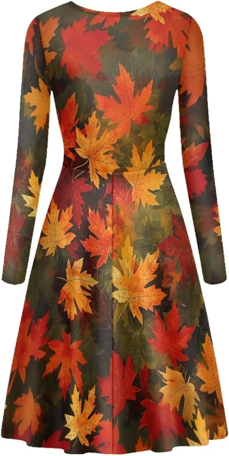 POLERO Mushroom Dresses for Women Midi Dresses with Long Sleeve Mushrooms Casual Dresses