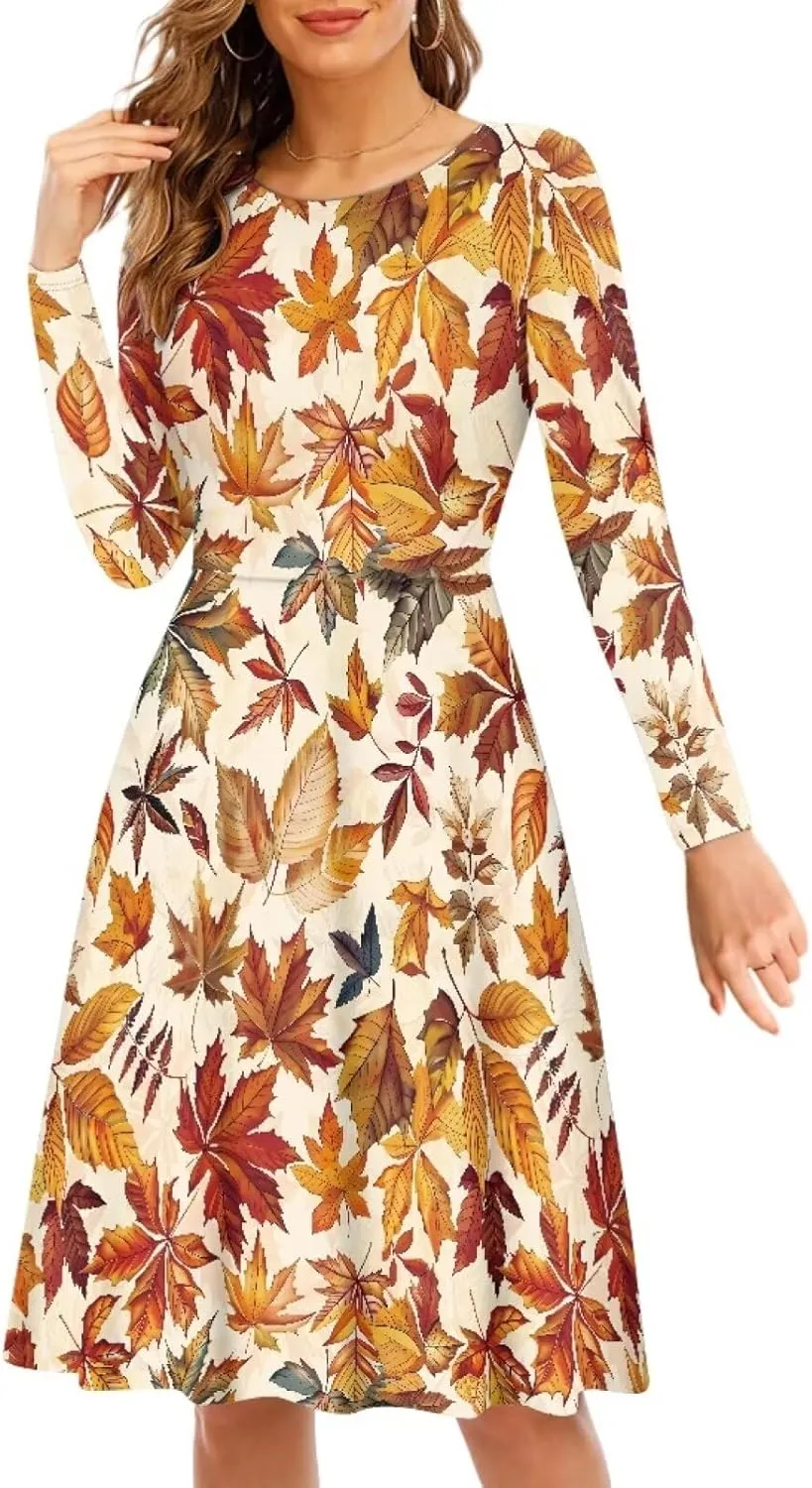 POLERO Mushroom Dresses for Women Midi Dresses with Long Sleeve Mushrooms Casual Dresses