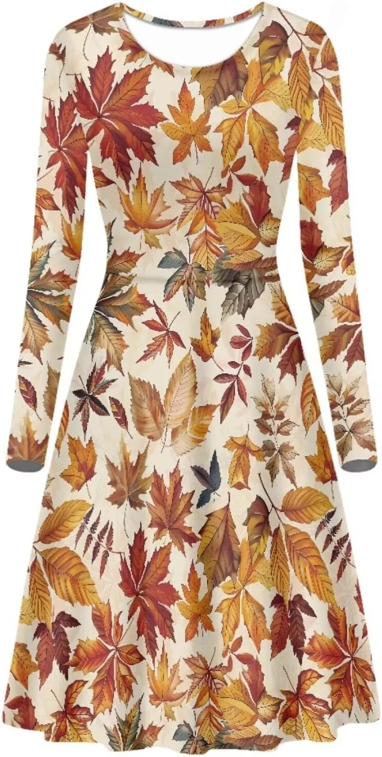 POLERO Mushroom Dresses for Women Midi Dresses with Long Sleeve Mushrooms Casual Dresses