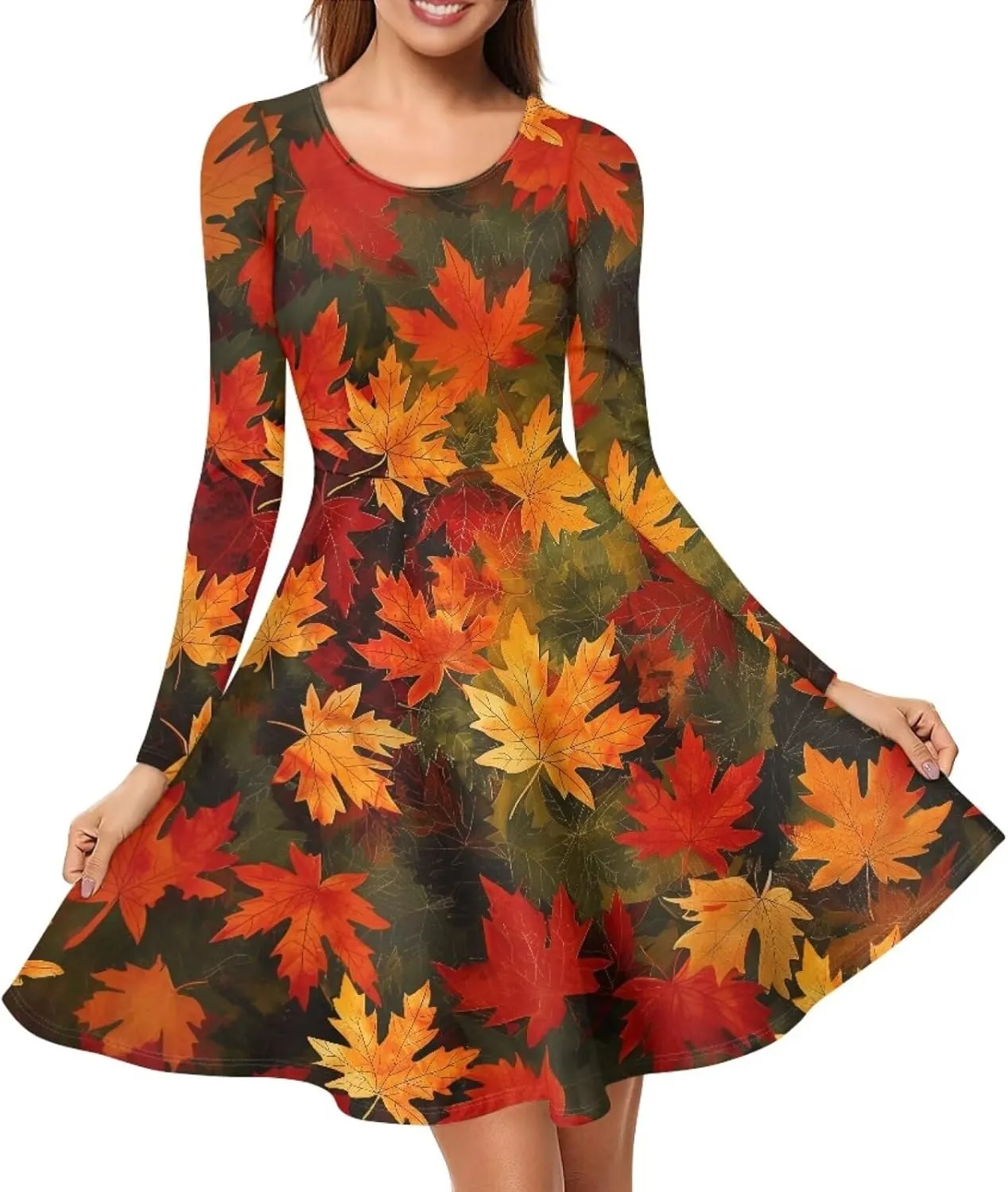 POLERO Mushroom Dresses for Women Midi Dresses with Long Sleeve Mushrooms Casual Dresses