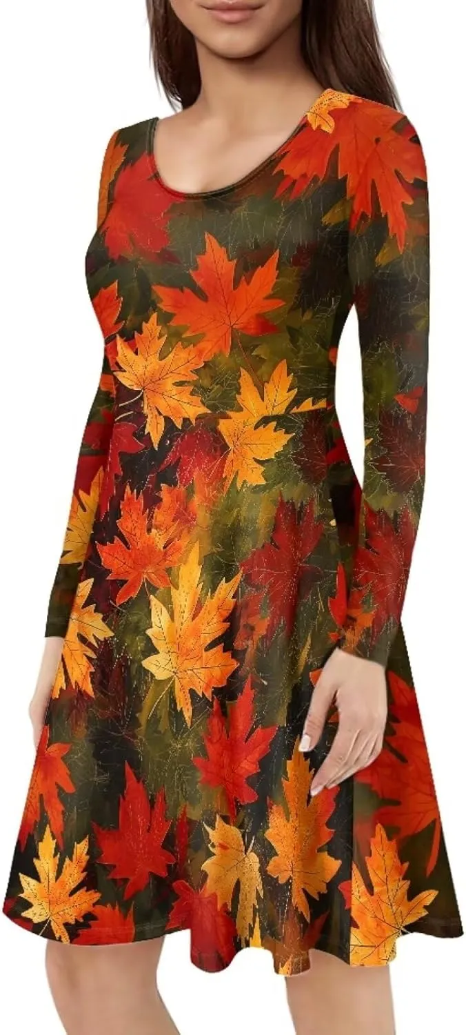 POLERO Mushroom Dresses for Women Midi Dresses with Long Sleeve Mushrooms Casual Dresses