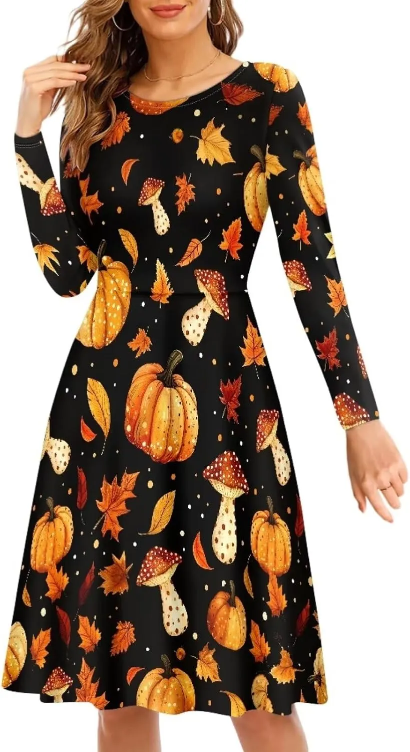 POLERO Mushroom Dresses for Women Midi Dresses with Long Sleeve Mushrooms Casual Dresses