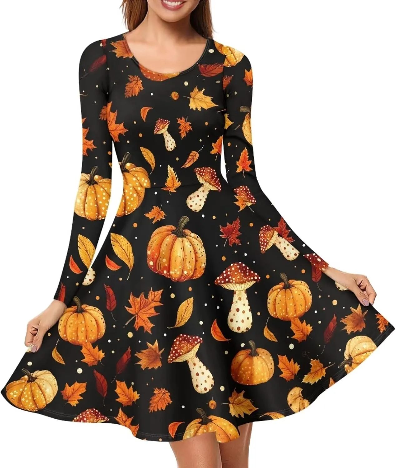 POLERO Mushroom Dresses for Women Midi Dresses with Long Sleeve Mushrooms Casual Dresses