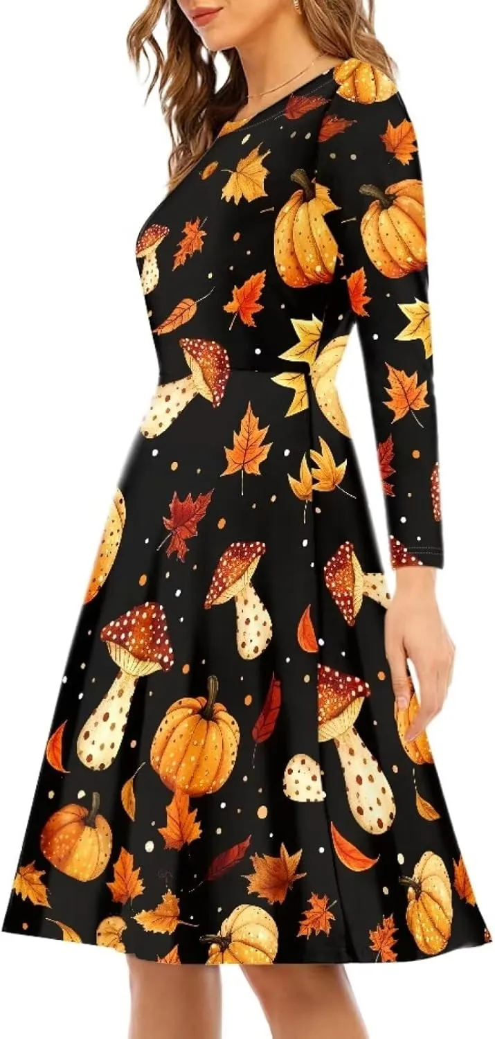 POLERO Mushroom Dresses for Women Midi Dresses with Long Sleeve Mushrooms Casual Dresses